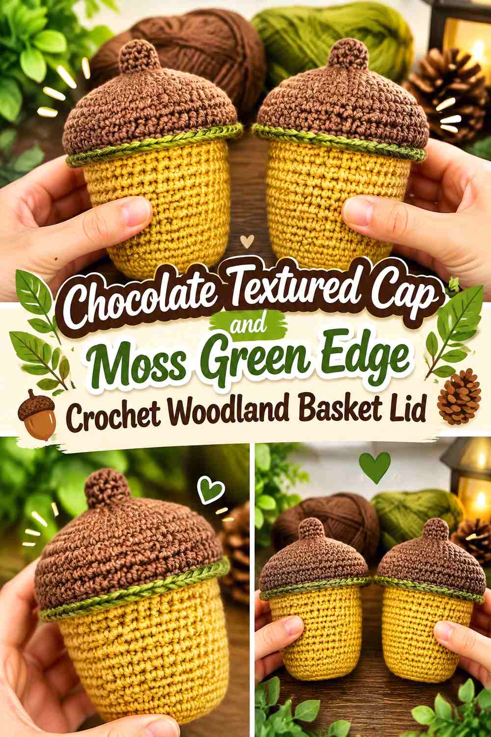 7. Chocolate Textured Cap And Moss Green Edge Crochet Woodland Basket Lid