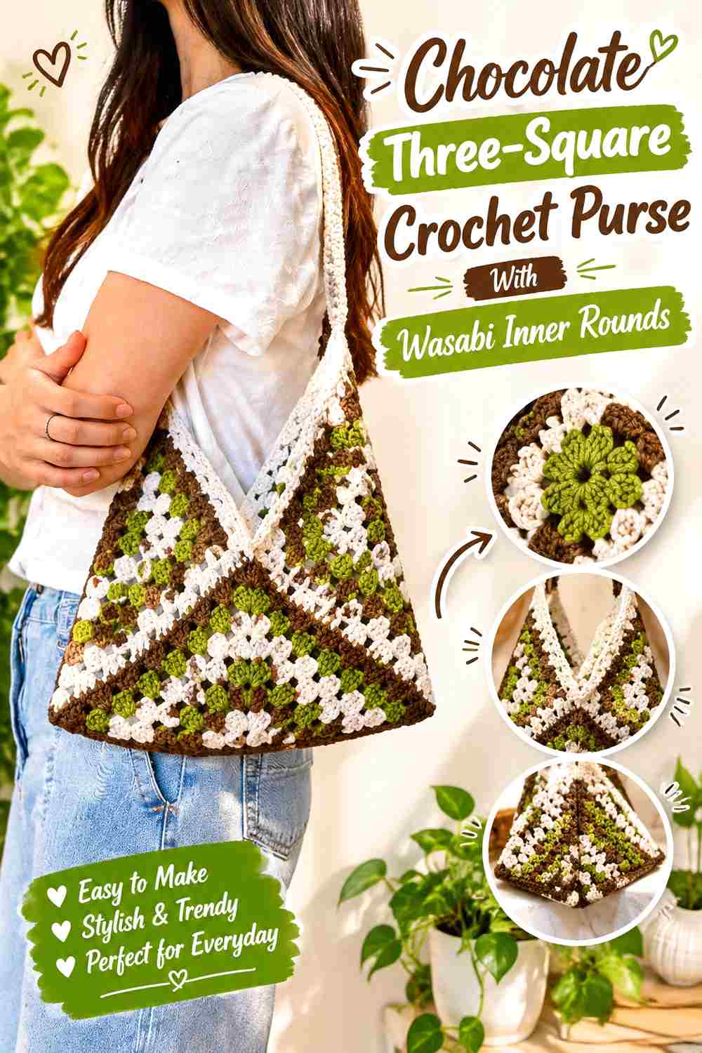 9. Chocolate Three Square Crochet Purse With Wasabi Inner Rounds