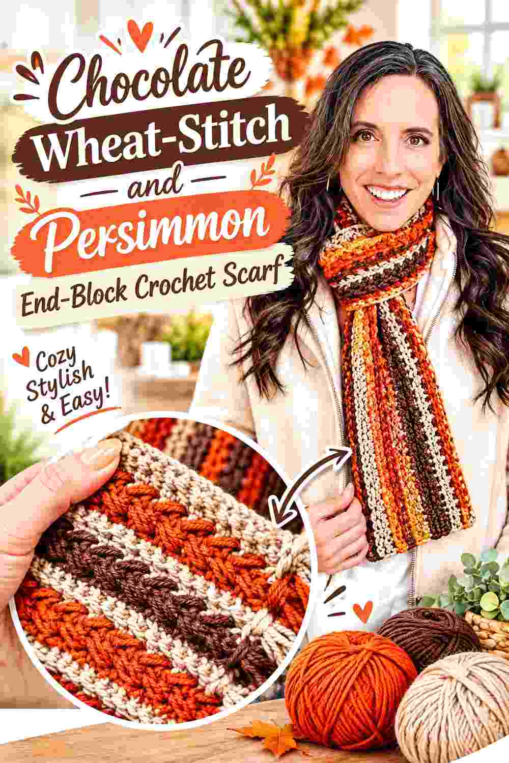 9. Chocolate Wheat Stitch And Persimmon End Block Crochet Scarf