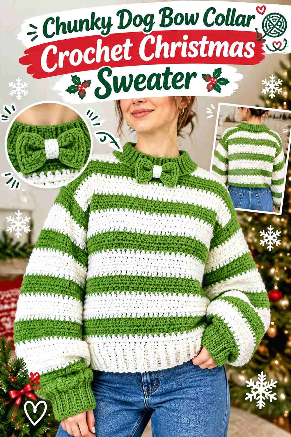 Chunky Dog Bow Collar Crochet Christmas Sweater