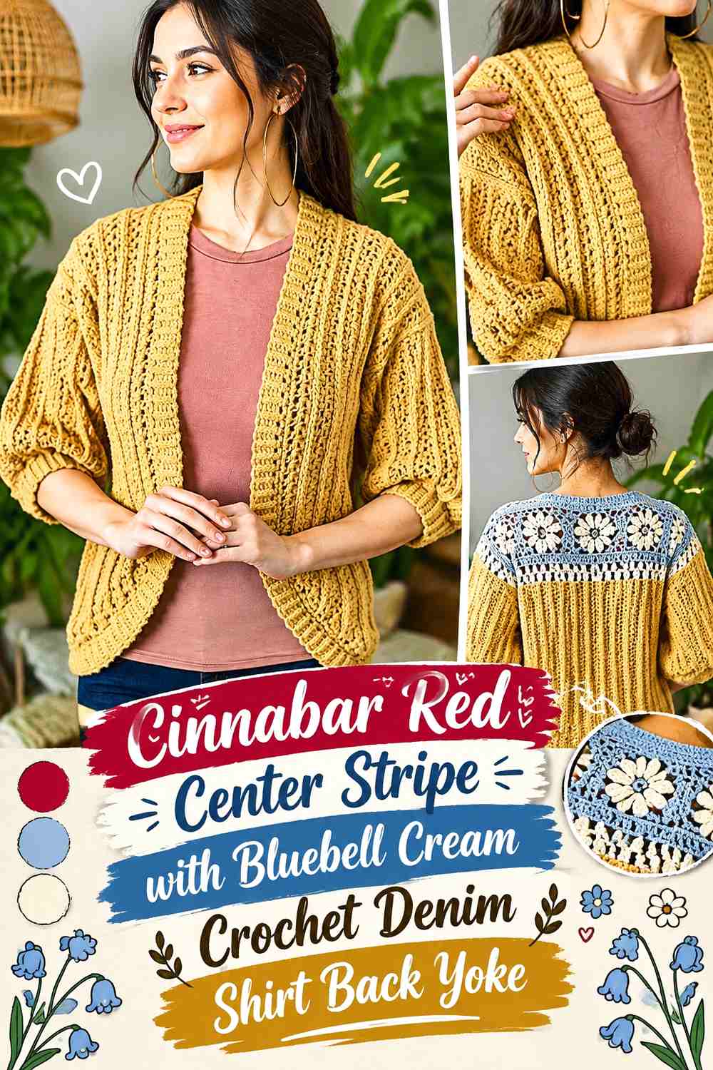 Cinnabar Red Center Stripe with Bluebell Cream Crochet Denim Shirt Back Yoke