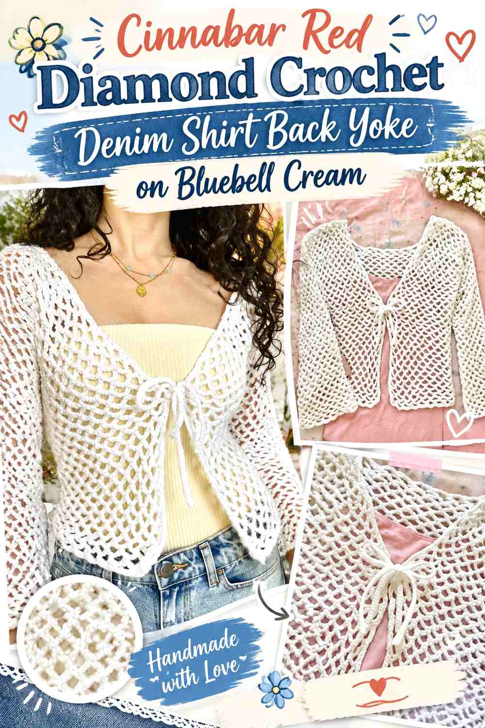 Cinnabar Red Diamond Crochet Denim Shirt Back Yoke on Bluebell Cream