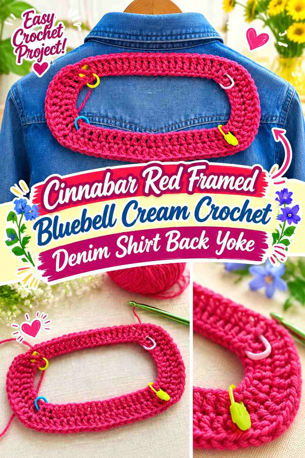 Cinnabar Red Framed Bluebell Cream Crochet Denim Shirt Back Yoke