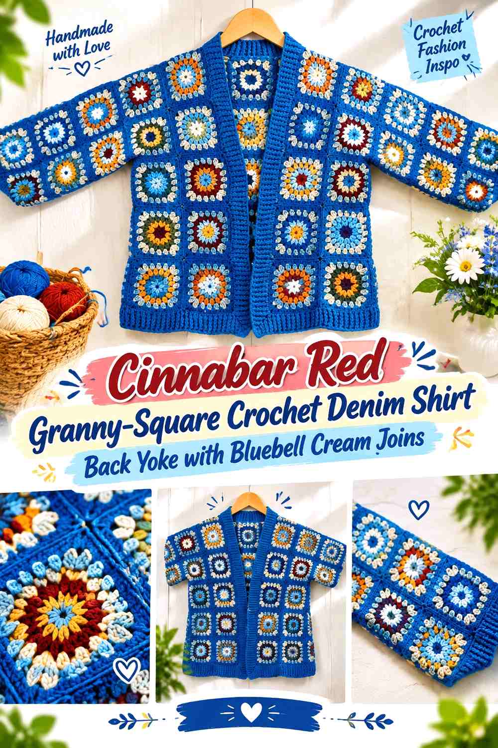 Cinnabar Red Granny-Square Crochet Denim Shirt Back Yoke with Bluebell Cream Joins