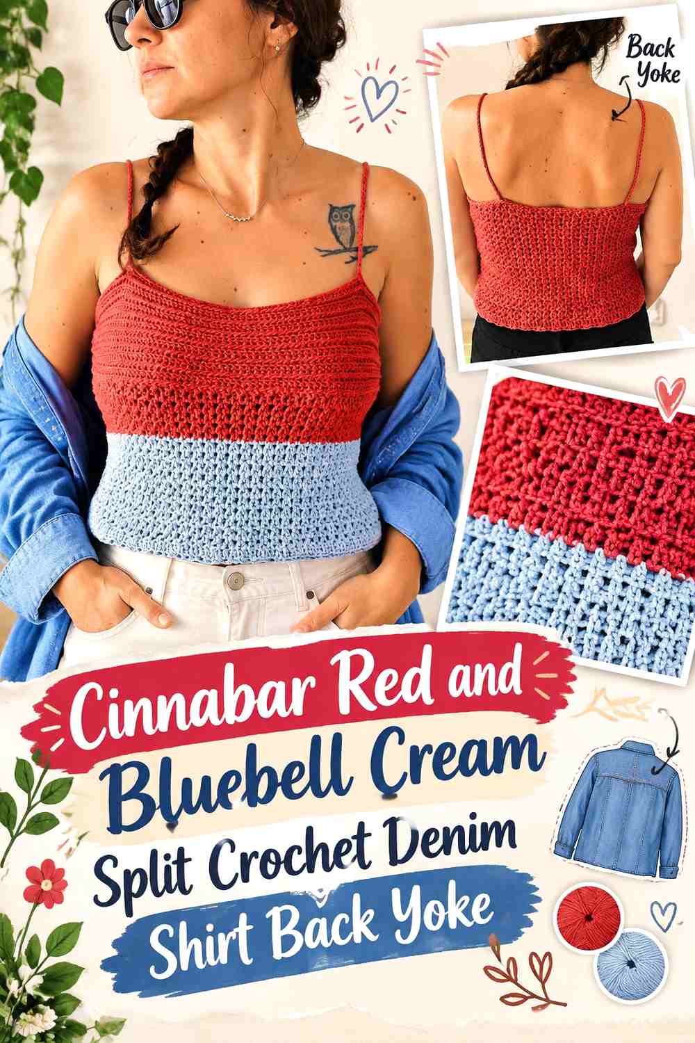 Cinnabar Red and Bluebell Cream Split Crochet Denim Shirt Back Yoke