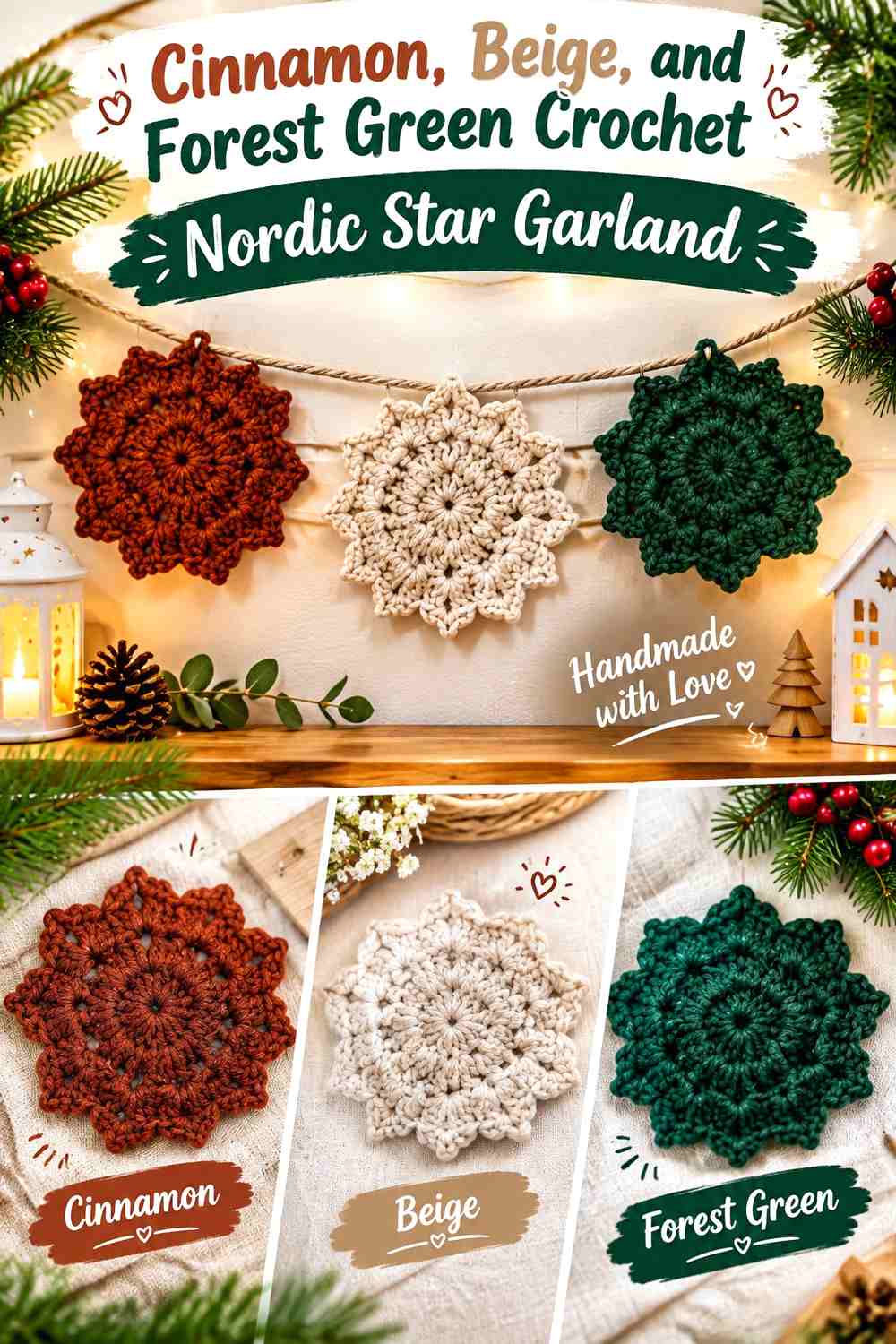 Cinnamon, Beige, and Forest Green Crochet Nordic Star Garland