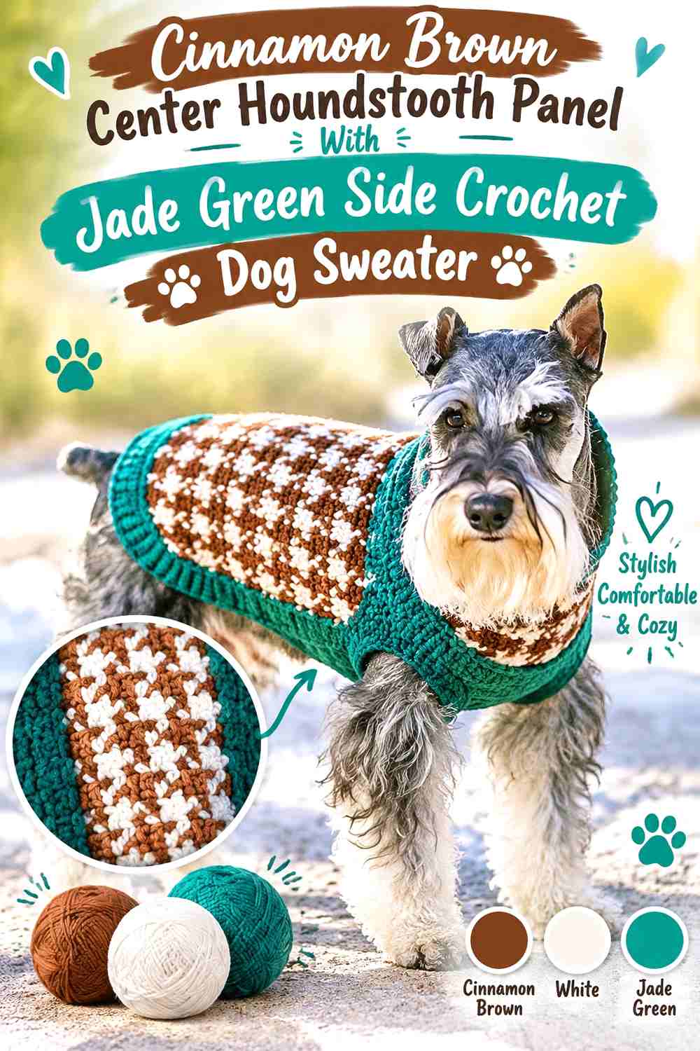 Cinnamon Brown Center Houndstooth Panel With Jade Green Side Crochet Dog Sweater