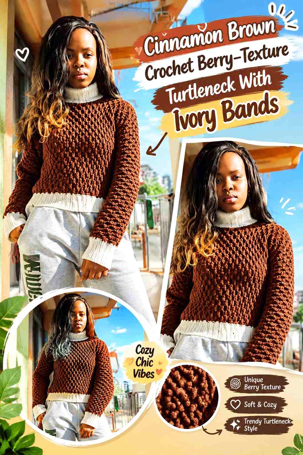 Cinnamon Brown Crochet Berry-Texture Turtleneck With Ivory Bands