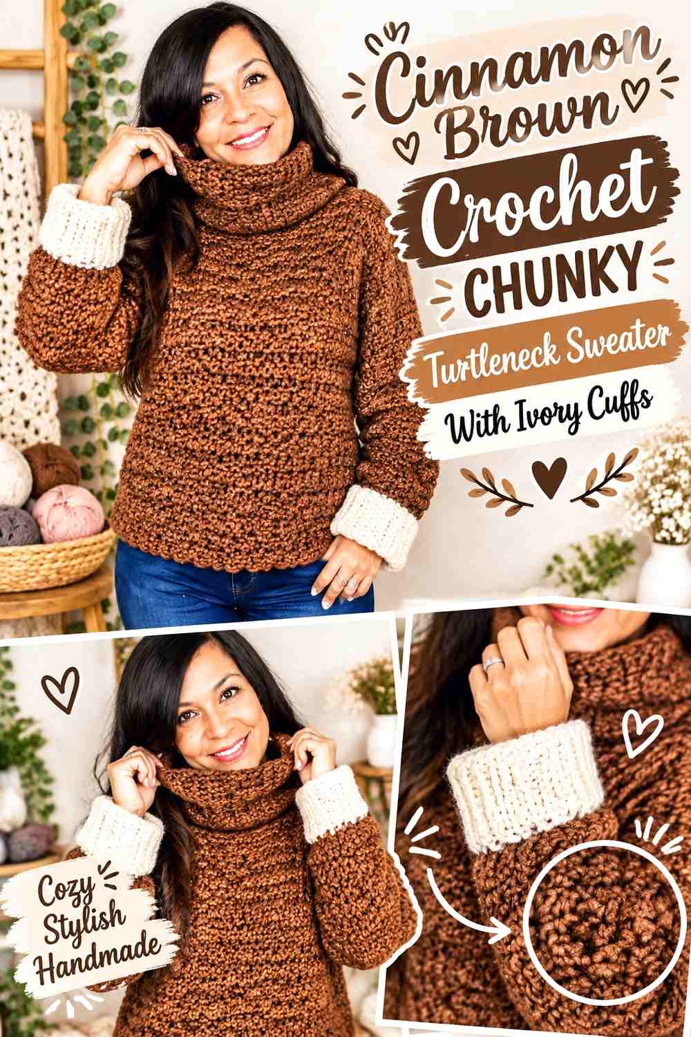 Cinnamon Brown Crochet Chunky Turtleneck Sweater With Ivory Cuffs