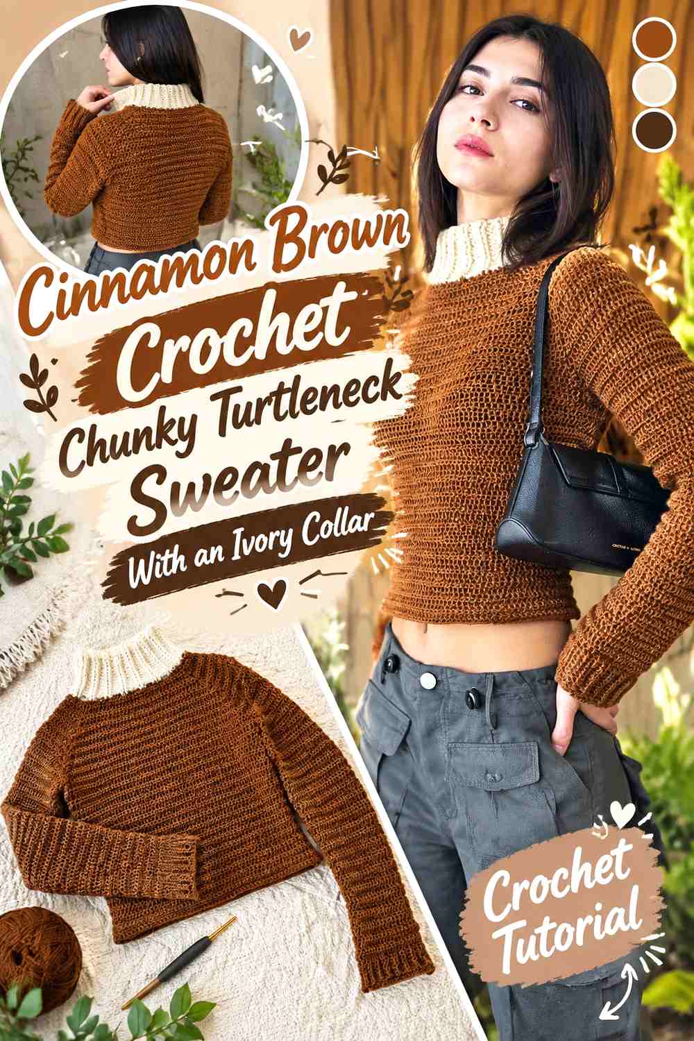 Cinnamon Brown Crochet Chunky Turtleneck Sweater With an Ivory Collar