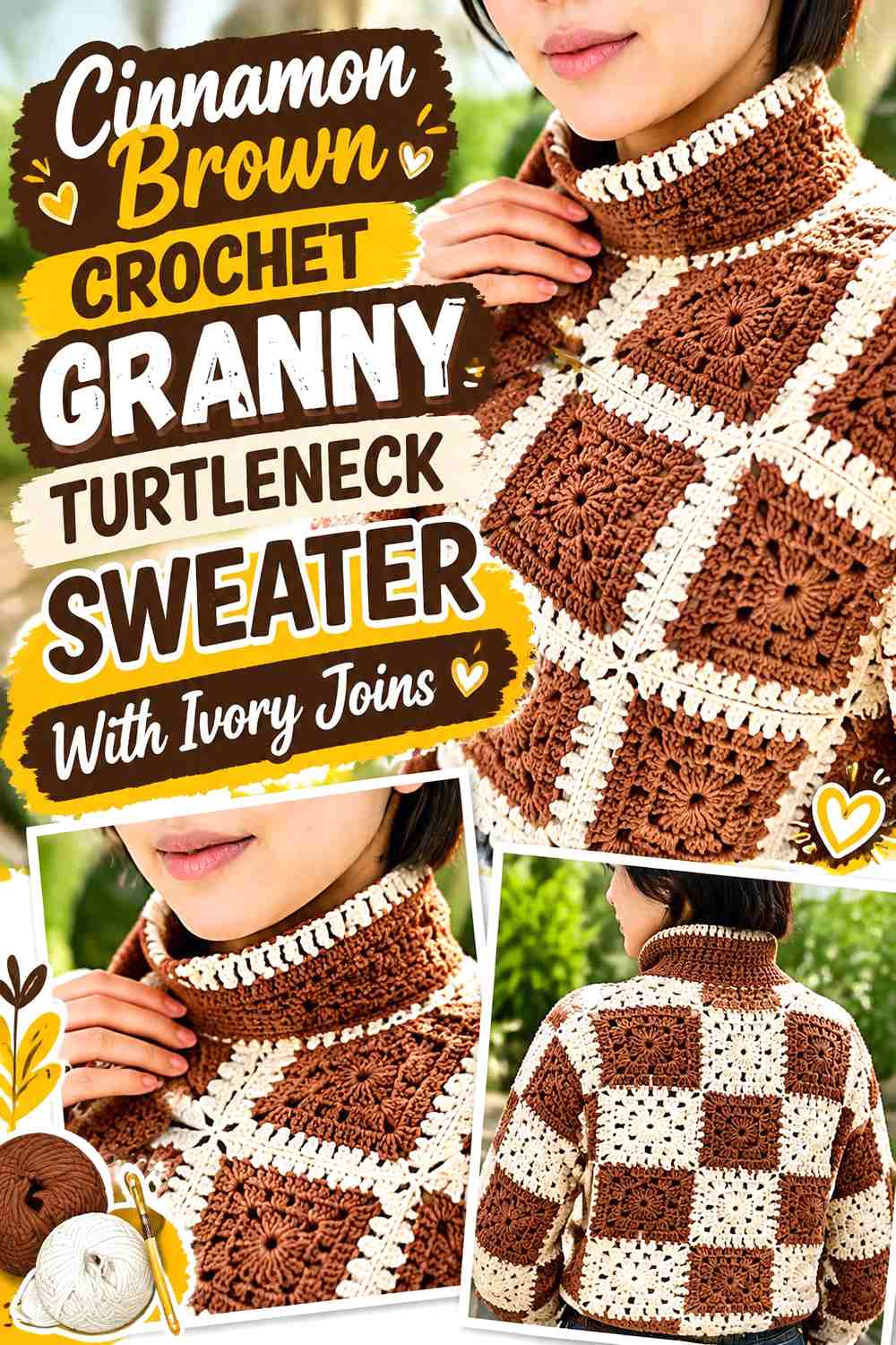 Cinnamon Brown Crochet Granny Turtleneck Sweater With Ivory Joins