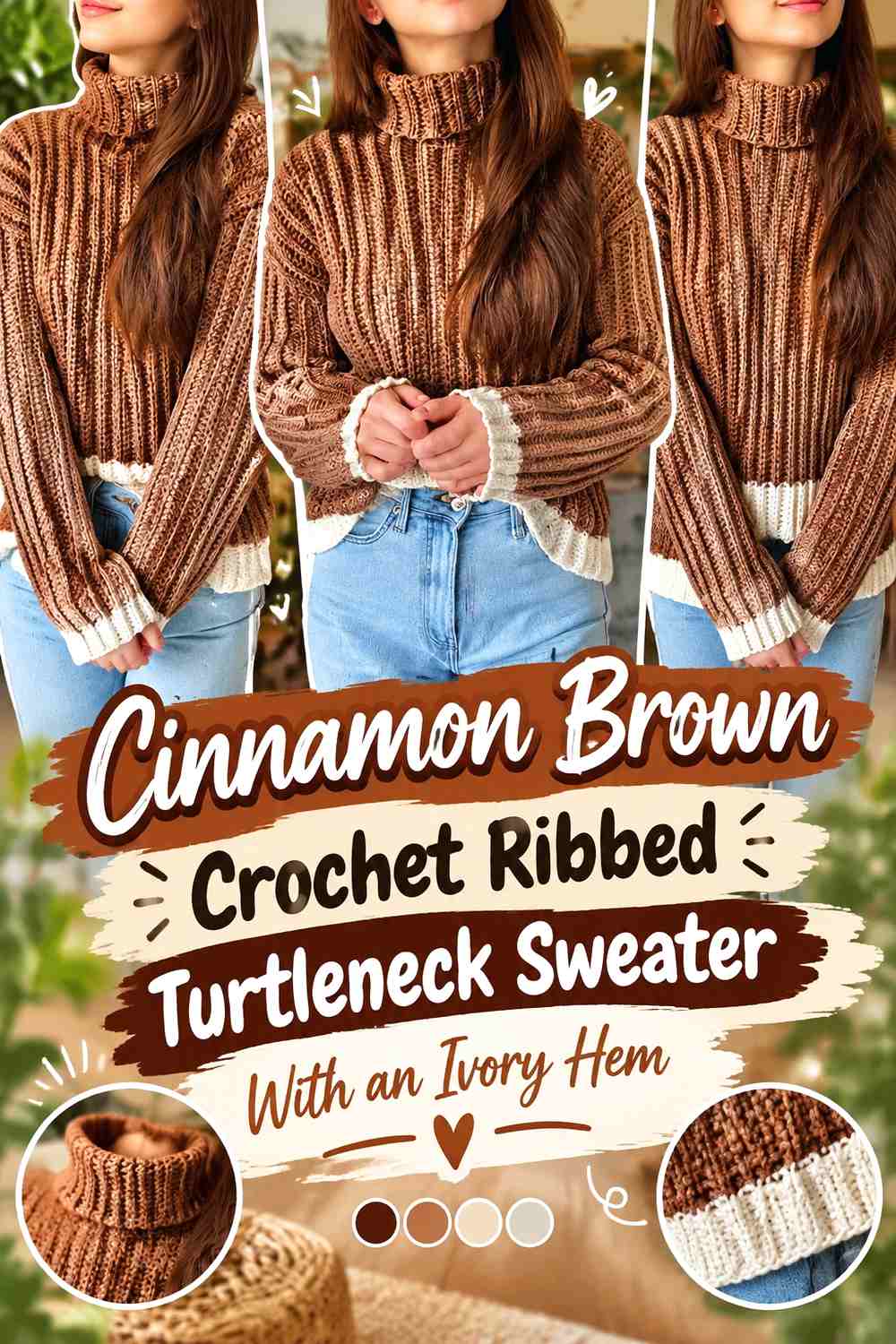 Cinnamon Brown Crochet Ribbed Turtleneck Sweater With an Ivory Hem