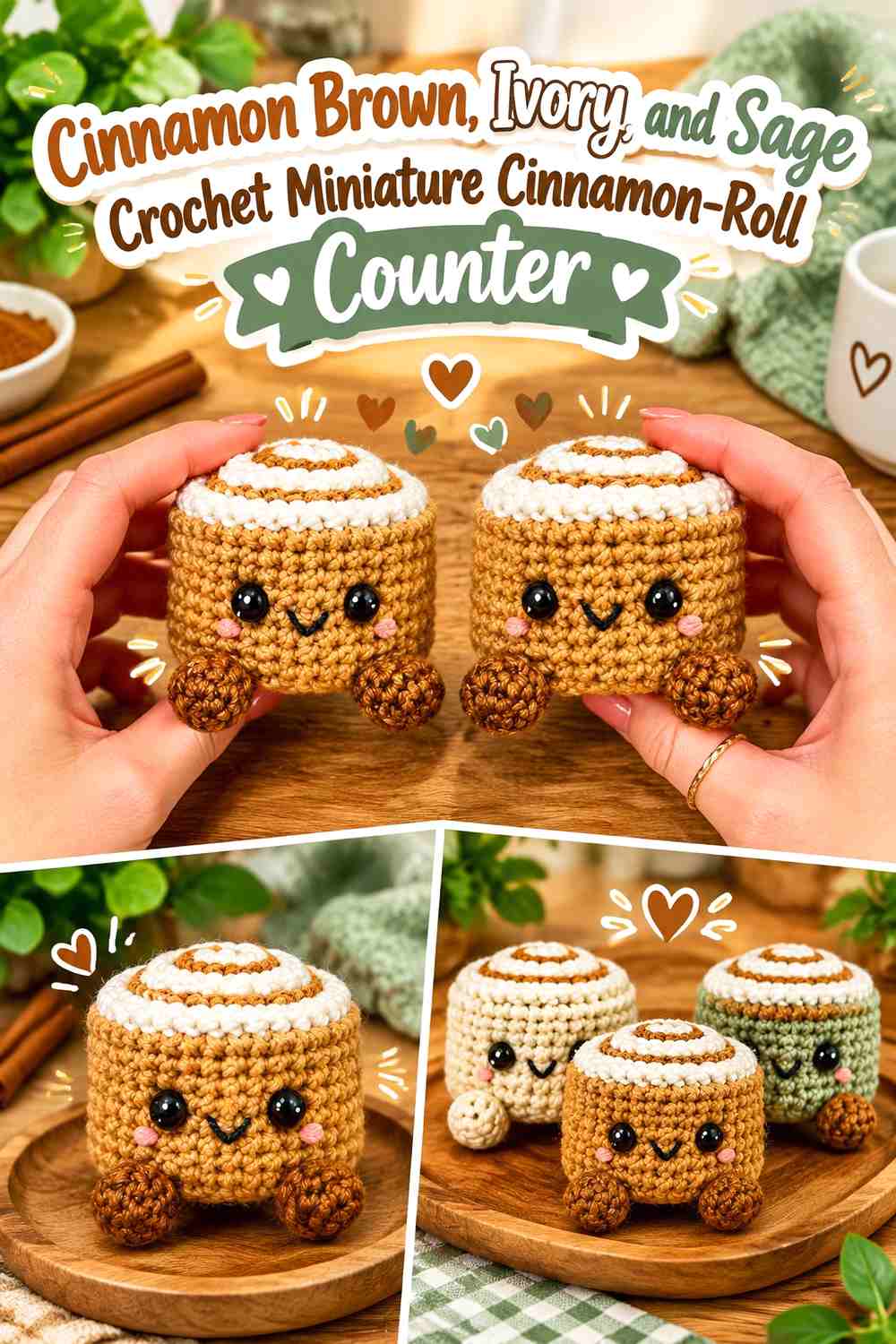 Cinnamon Brown, Ivory, and Sage Crochet Miniature Cinnamon-Roll Counter