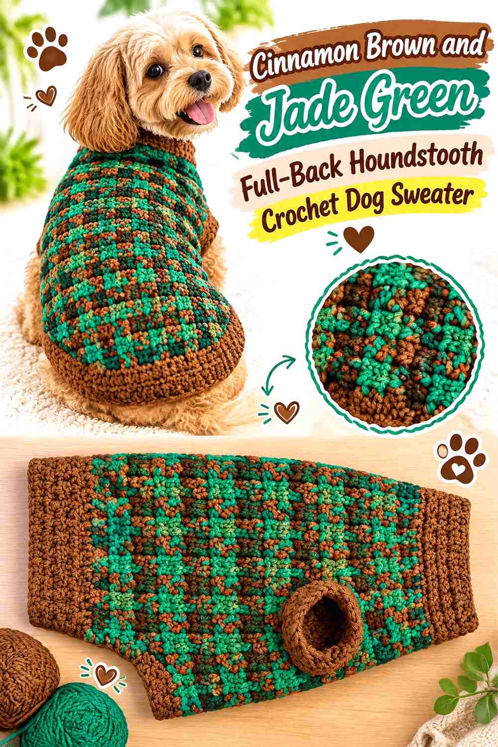 Cinnamon Brown and Jade Green Full-Back Houndstooth Crochet Dog Sweater