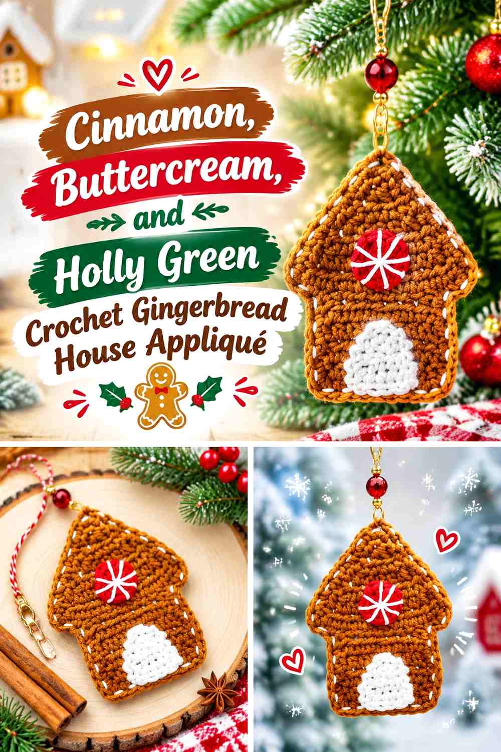 Cinnamon, Buttercream, and Holly Green Crochet Gingerbread House Appliqué