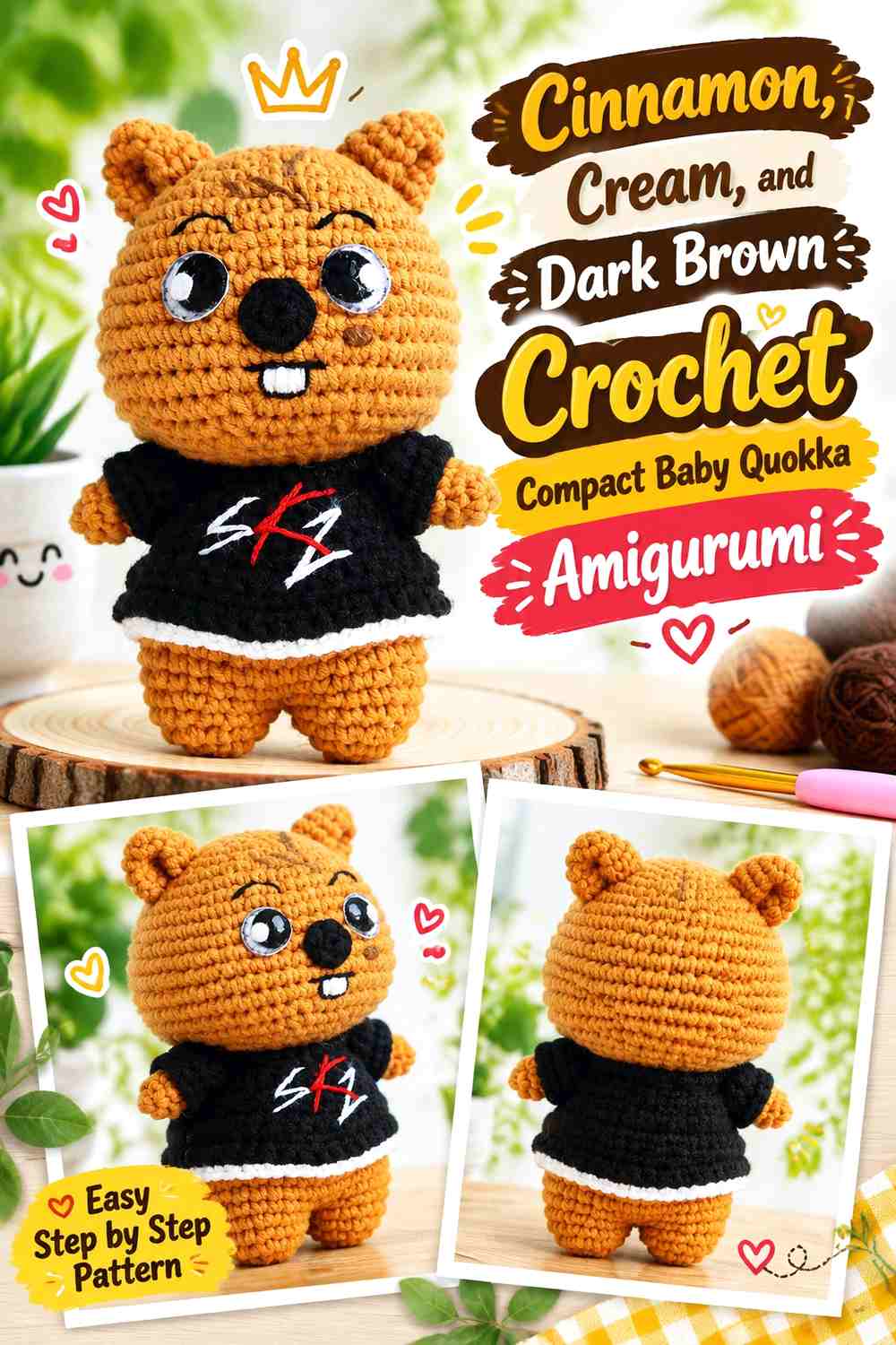 Cinnamon, Cream, and Dark Brown Crochet Compact Baby Quokka Amigurumi