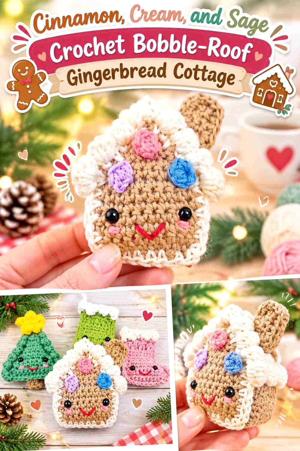 Cinnamon, Cream, and Sage Crochet Bobble-Roof Gingerbread Cottage