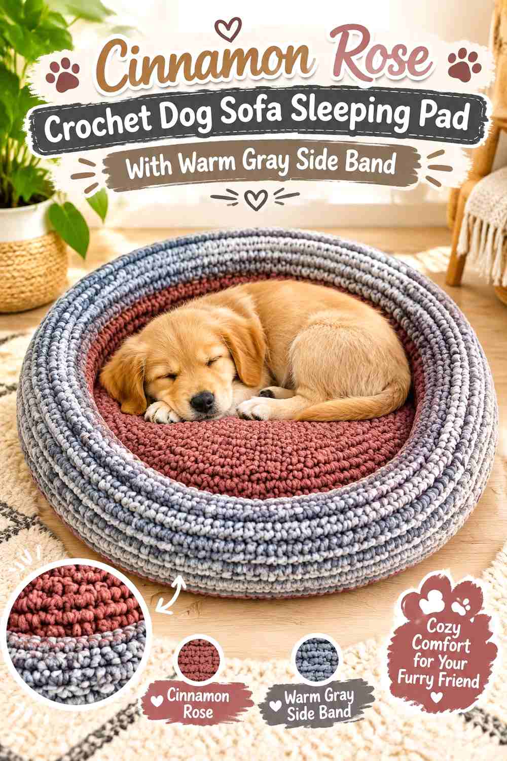 Cinnamon Rose Crochet Dog Sofa Sleeping Pad With Warm Gray Side Band