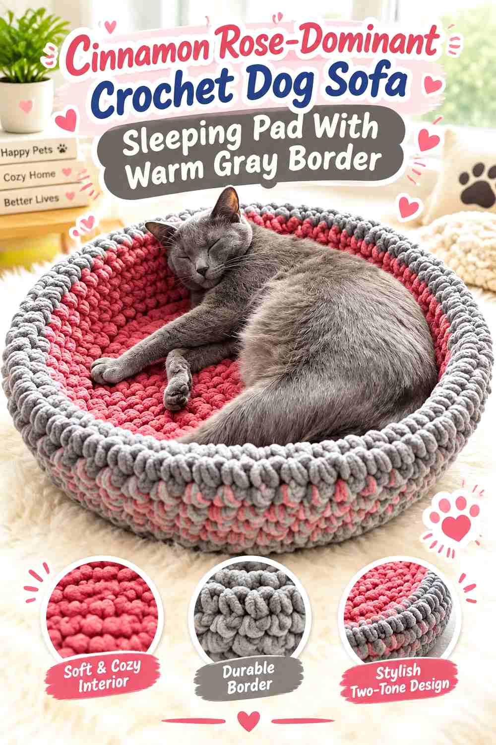 Cinnamon Rose-Dominant Crochet Dog Sofa Sleeping Pad With Warm Gray Border