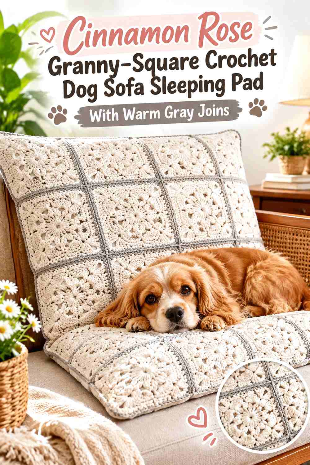 Cinnamon Rose Granny-Square Crochet Dog Sofa Sleeping Pad With Warm Gray Joins