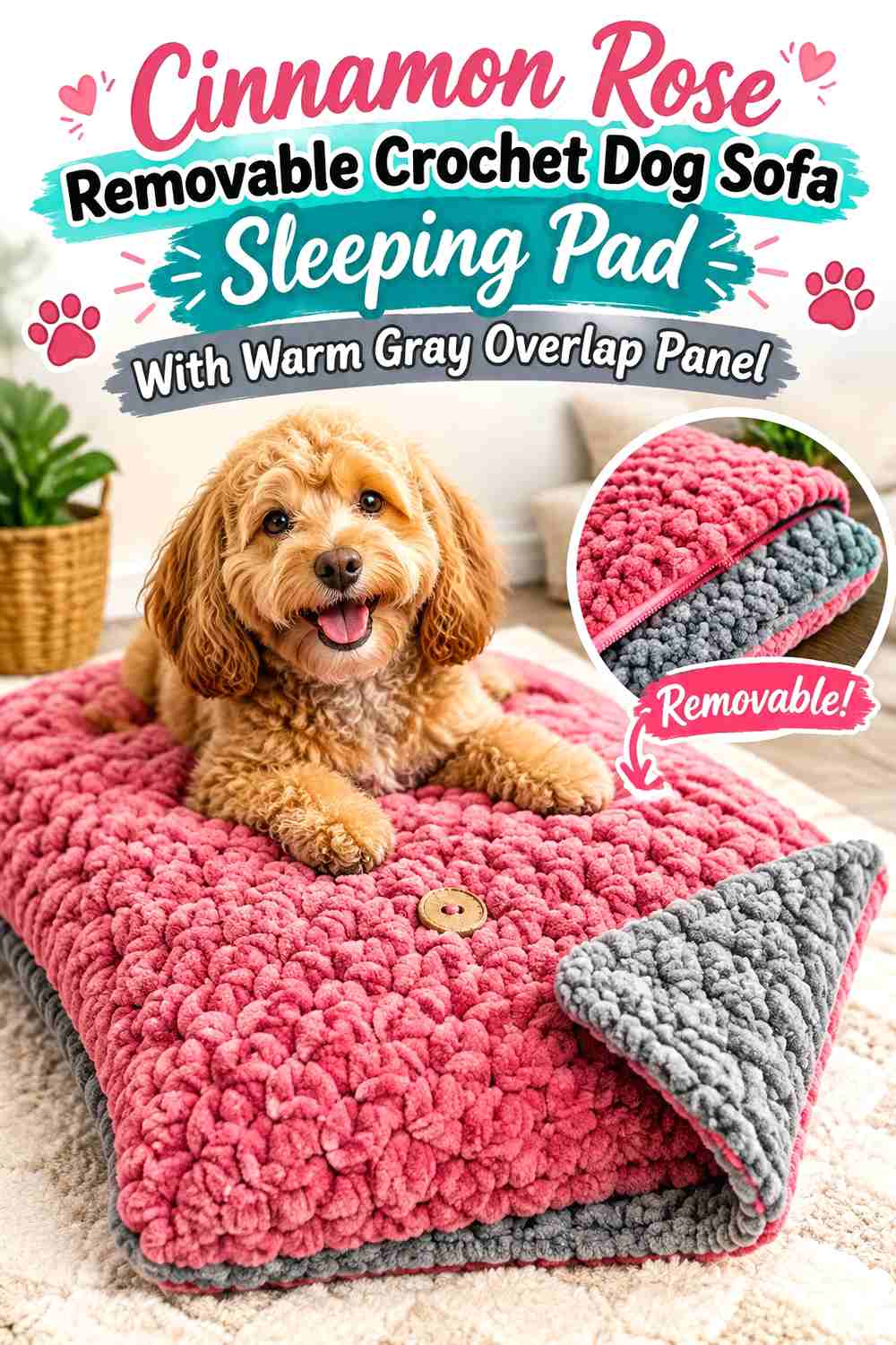 Cinnamon Rose Removable Crochet Dog Sofa Sleeping Pad With Warm Gray Overlap Panel