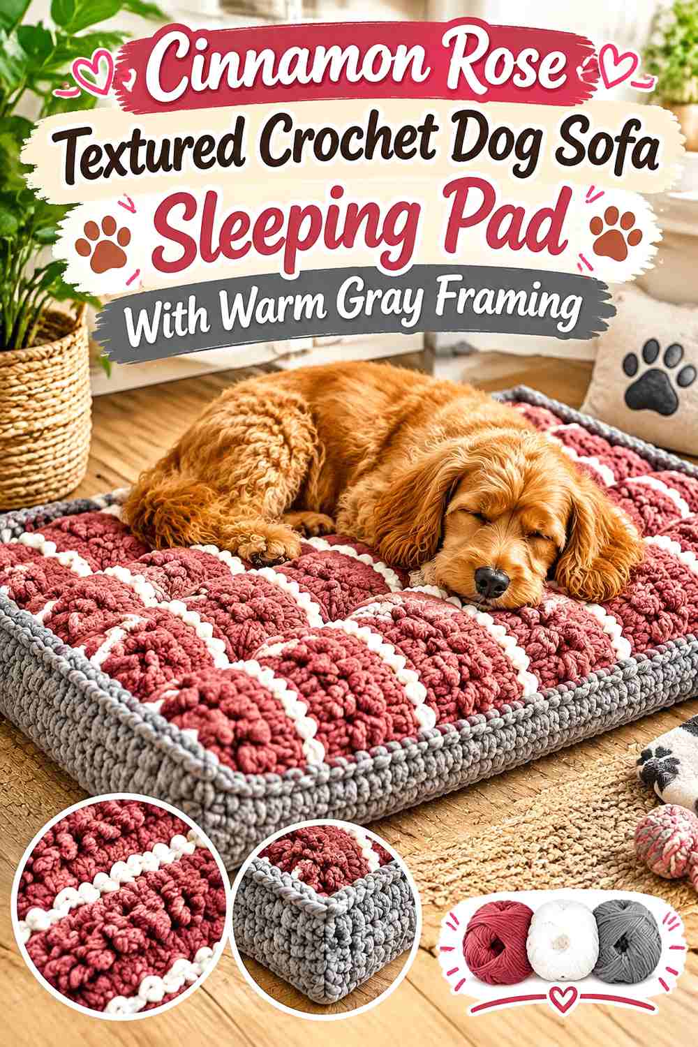 Cinnamon Rose Textured Crochet Dog Sofa Sleeping Pad With Warm Gray Framing