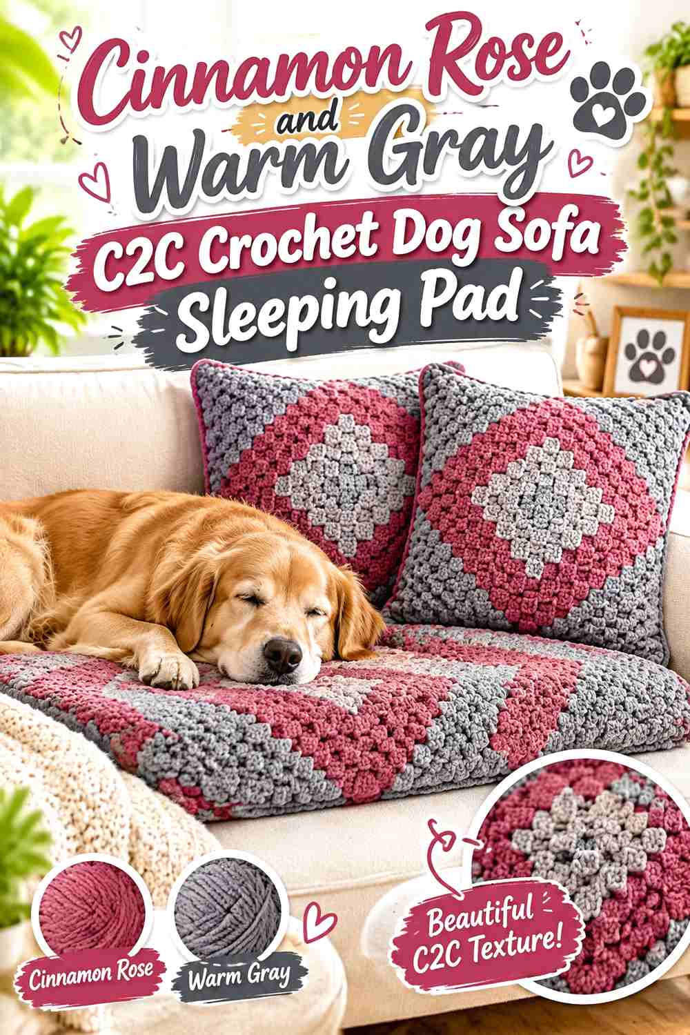 Cinnamon Rose and Warm Gray C2C Crochet Dog Sofa Sleeping Pad