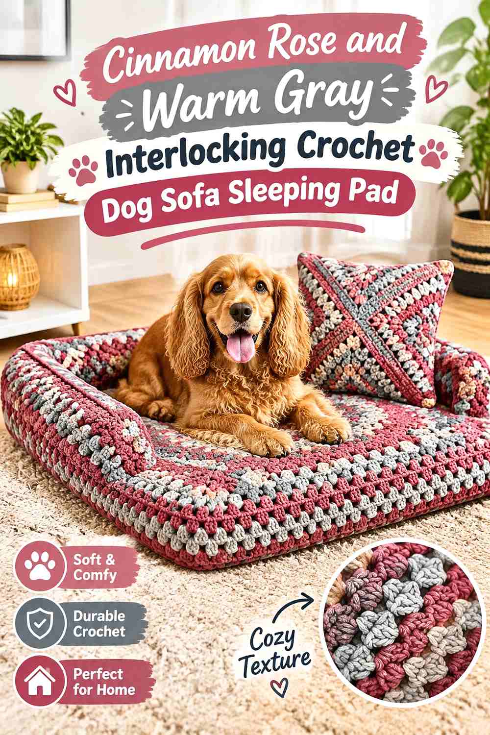 Cinnamon Rose and Warm Gray Interlocking Crochet Dog Sofa Sleeping Pad