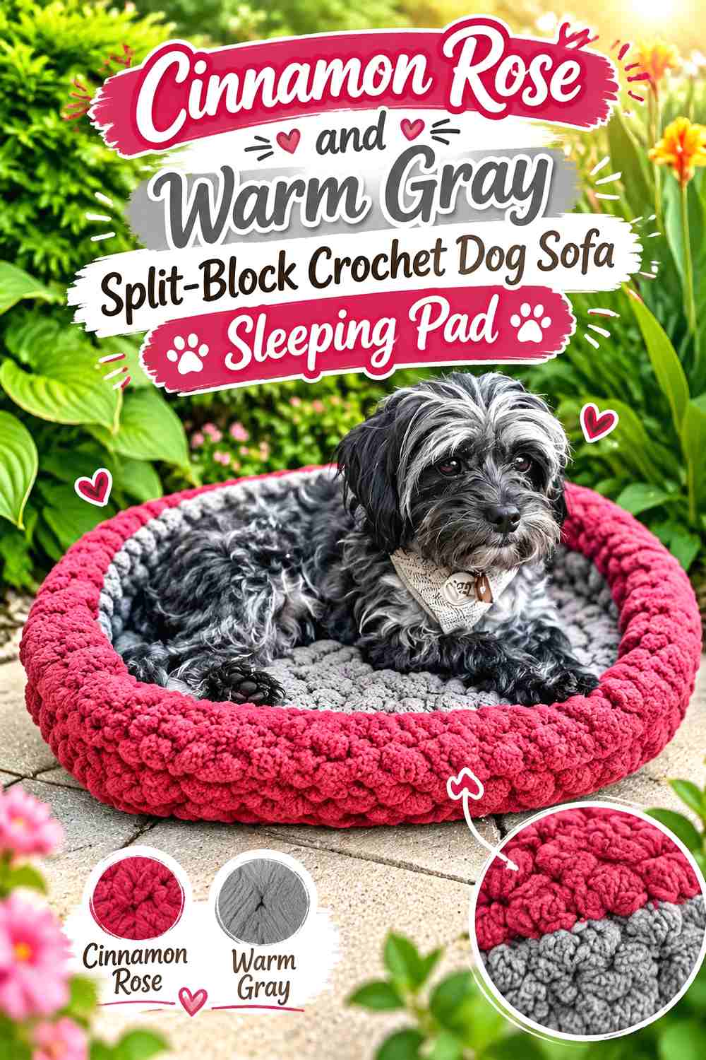 Cinnamon Rose and Warm Gray Split-Block Crochet Dog Sofa Sleeping Pad