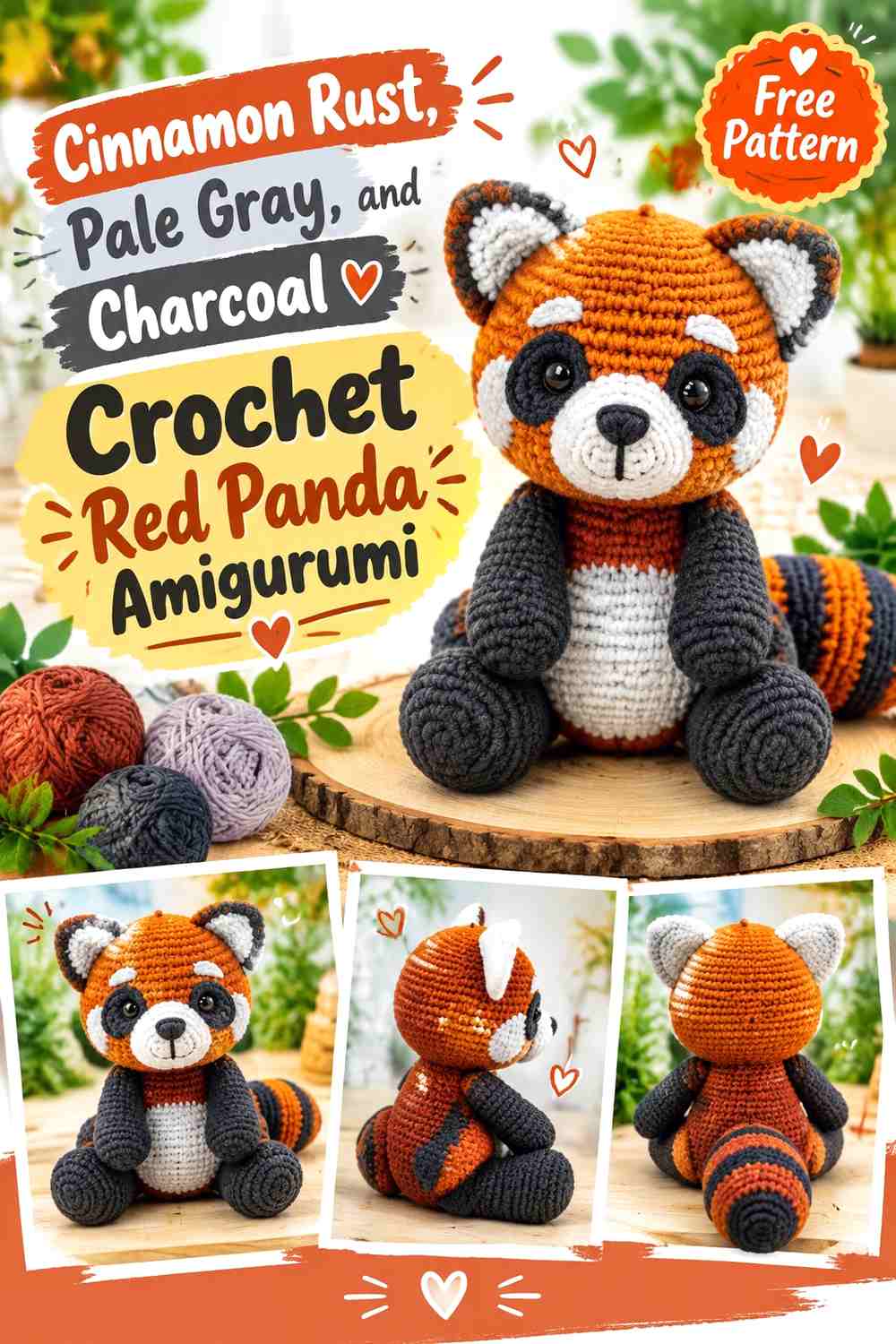 Cinnamon Rust, Pale Gray, and Charcoal Crochet Red Panda Amigurumi