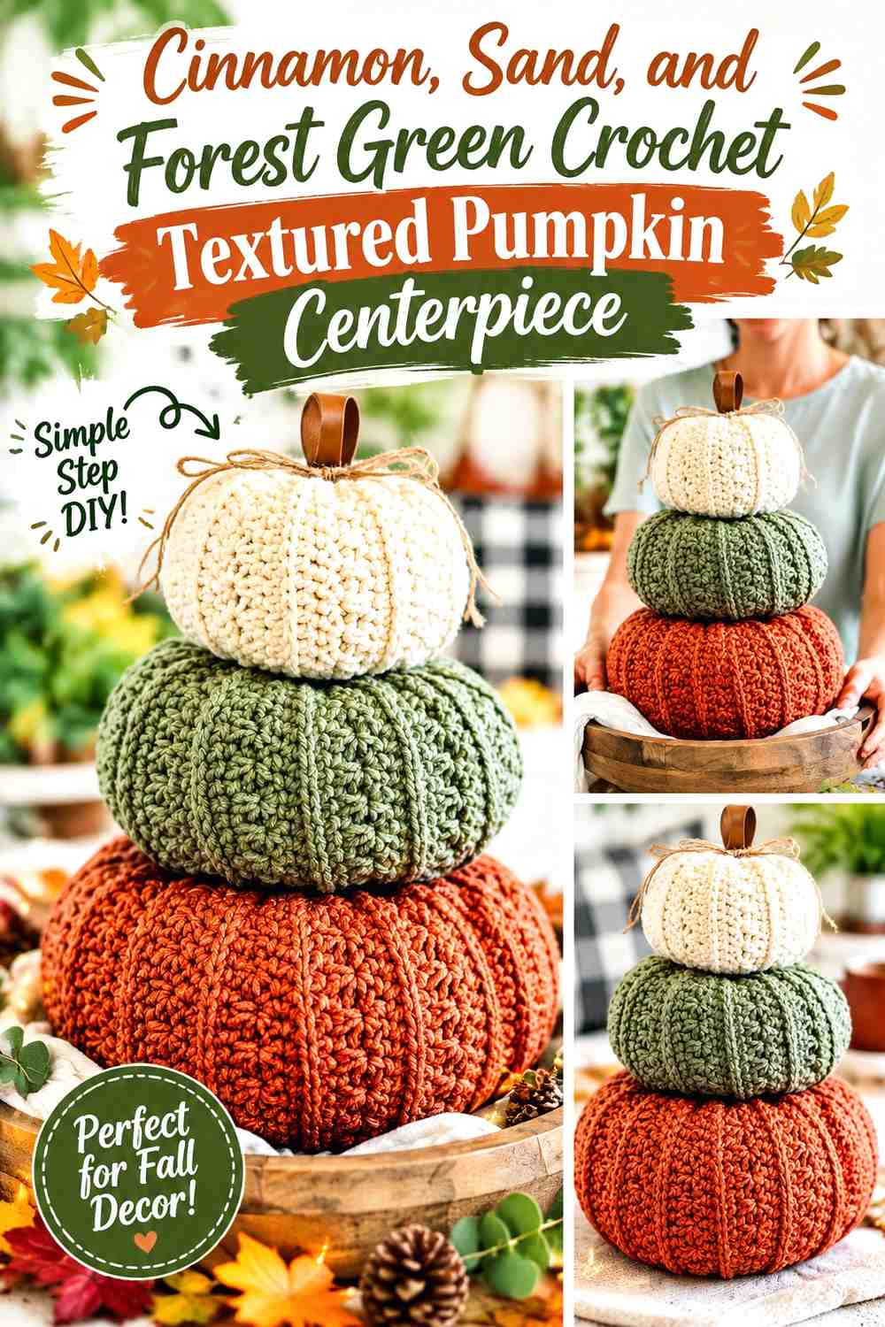 Cinnamon, Sand, and Forest Green Crochet Textured Pumpkin Centerpiece