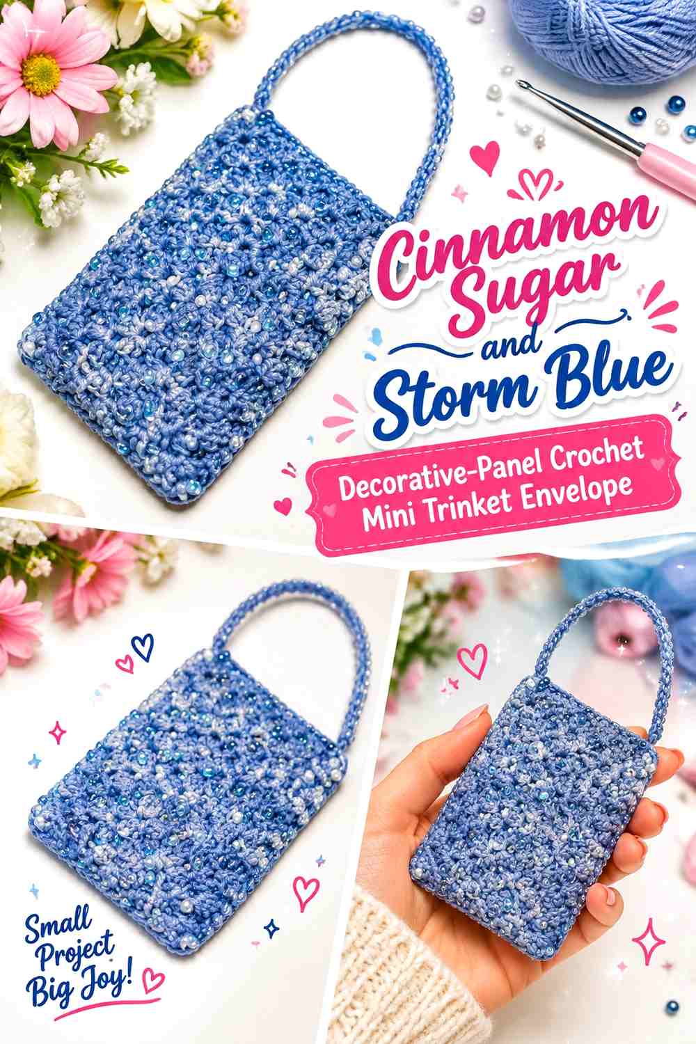 Cinnamon Sugar and Storm Blue Decorative Panel Crochet Mini Trinket Envelope