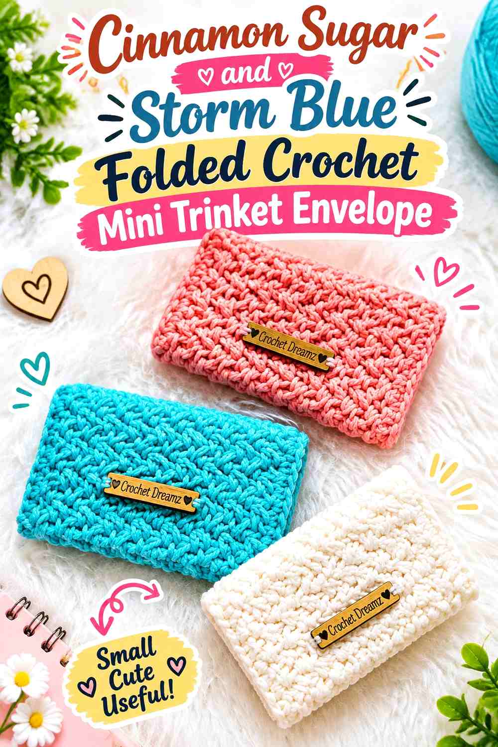 Cinnamon Sugar and Storm Blue Folded Crochet Mini Trinket Envelope