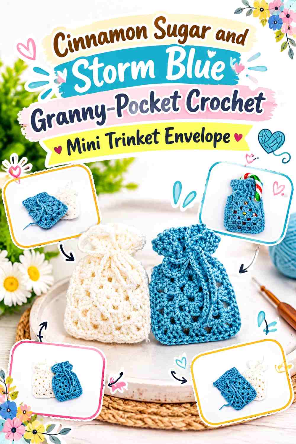 Cinnamon Sugar and Storm Blue Granny Pocket Crochet Mini Trinket Envelope