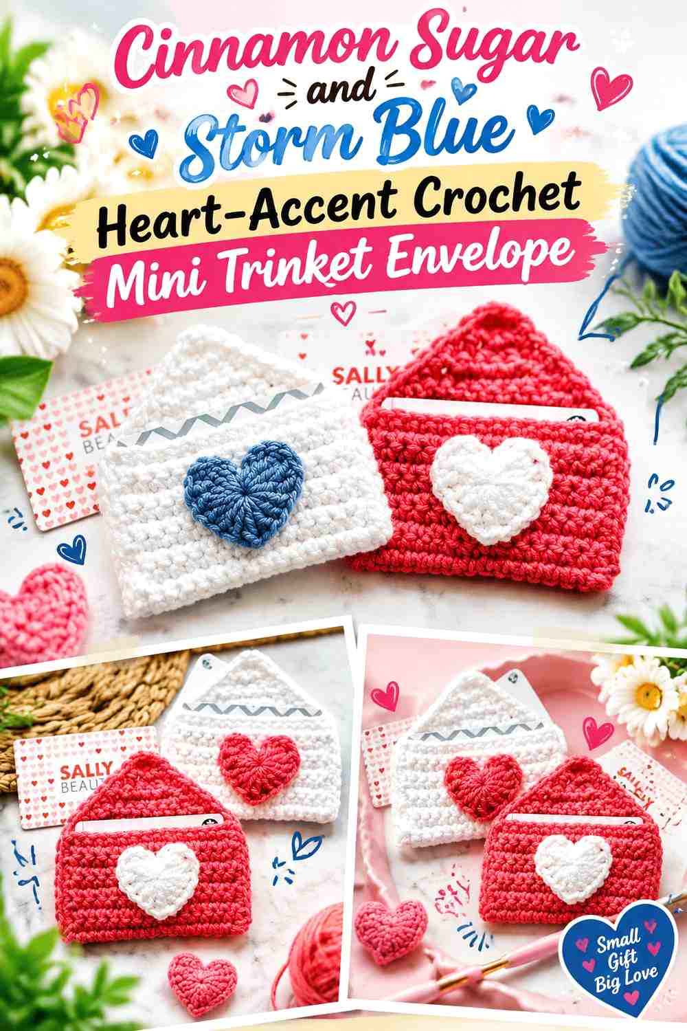 Cinnamon Sugar and Storm Blue Heart Accent Crochet Mini Trinket Envelope