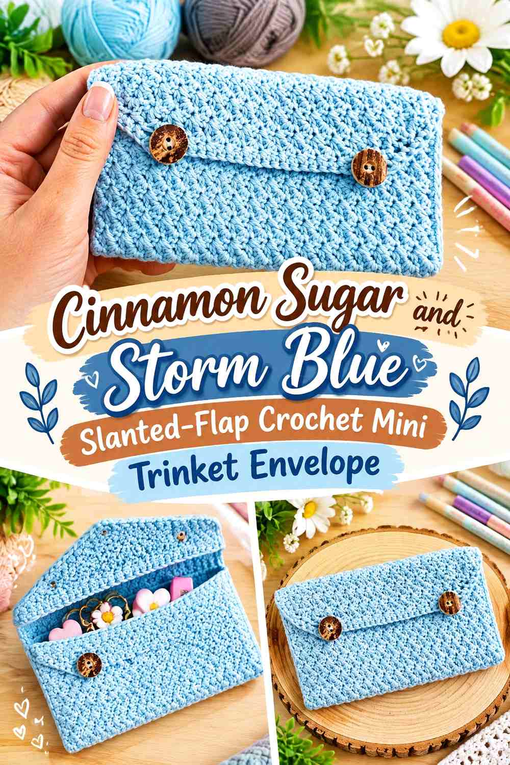 Cinnamon Sugar and Storm Blue Slanted Flap Crochet Mini Trinket Envelope