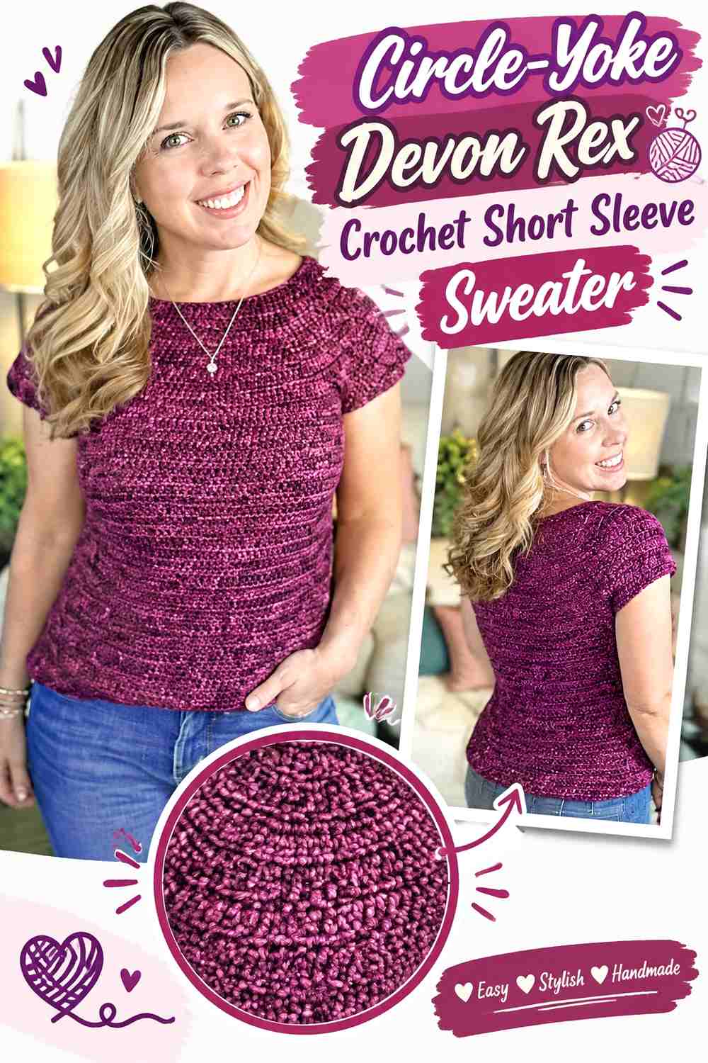 Circle-Yoke Devon Rex Crochet Short Sleeve Sweater