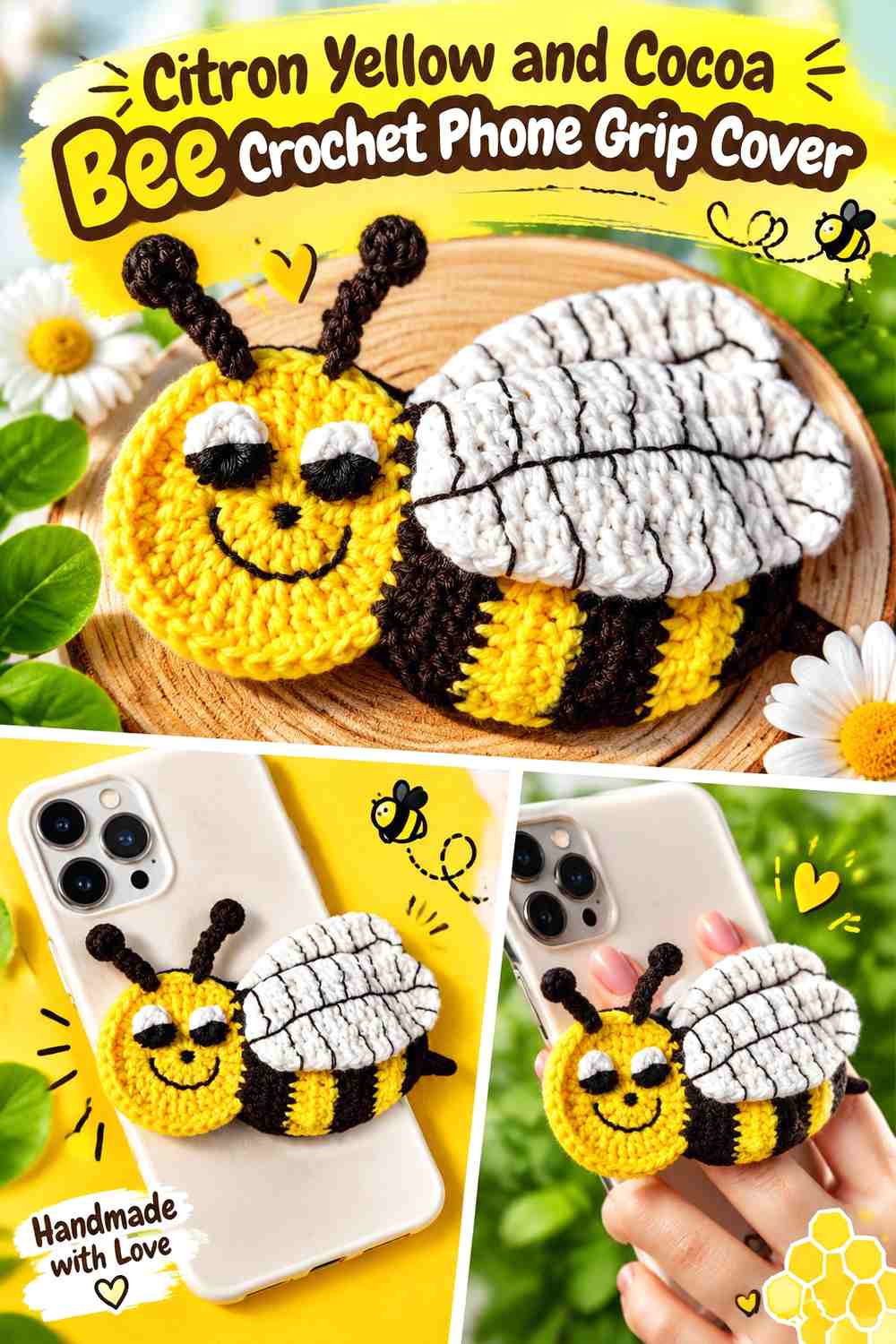 Citron Yellow and Cocoa Bee Crochet Phone Grip Cover