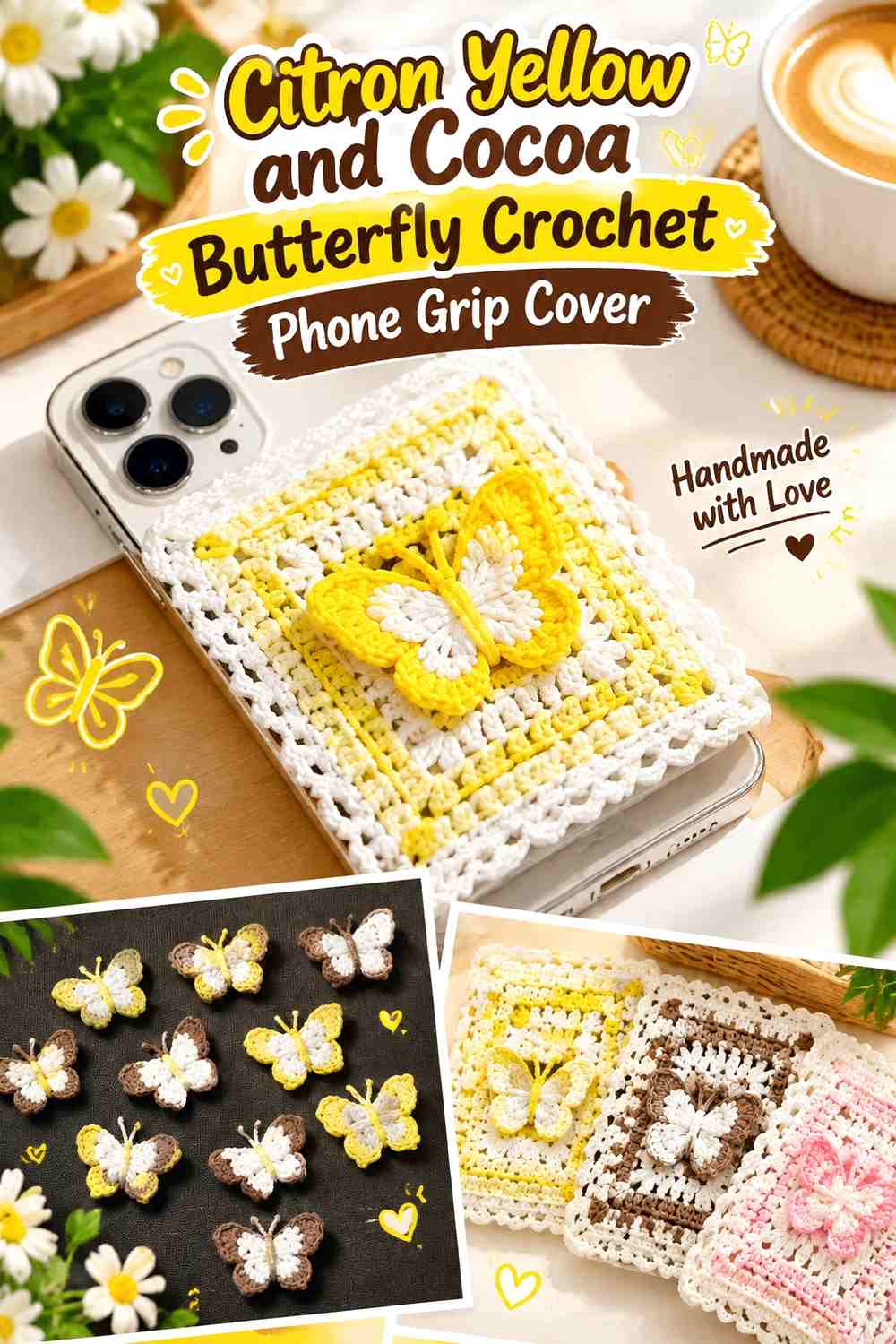 Citron Yellow and Cocoa Butterfly Crochet Phone Grip Cover