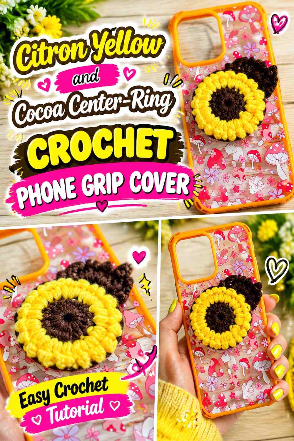 Citron Yellow and Cocoa Center Ring Crochet Phone Grip Cover