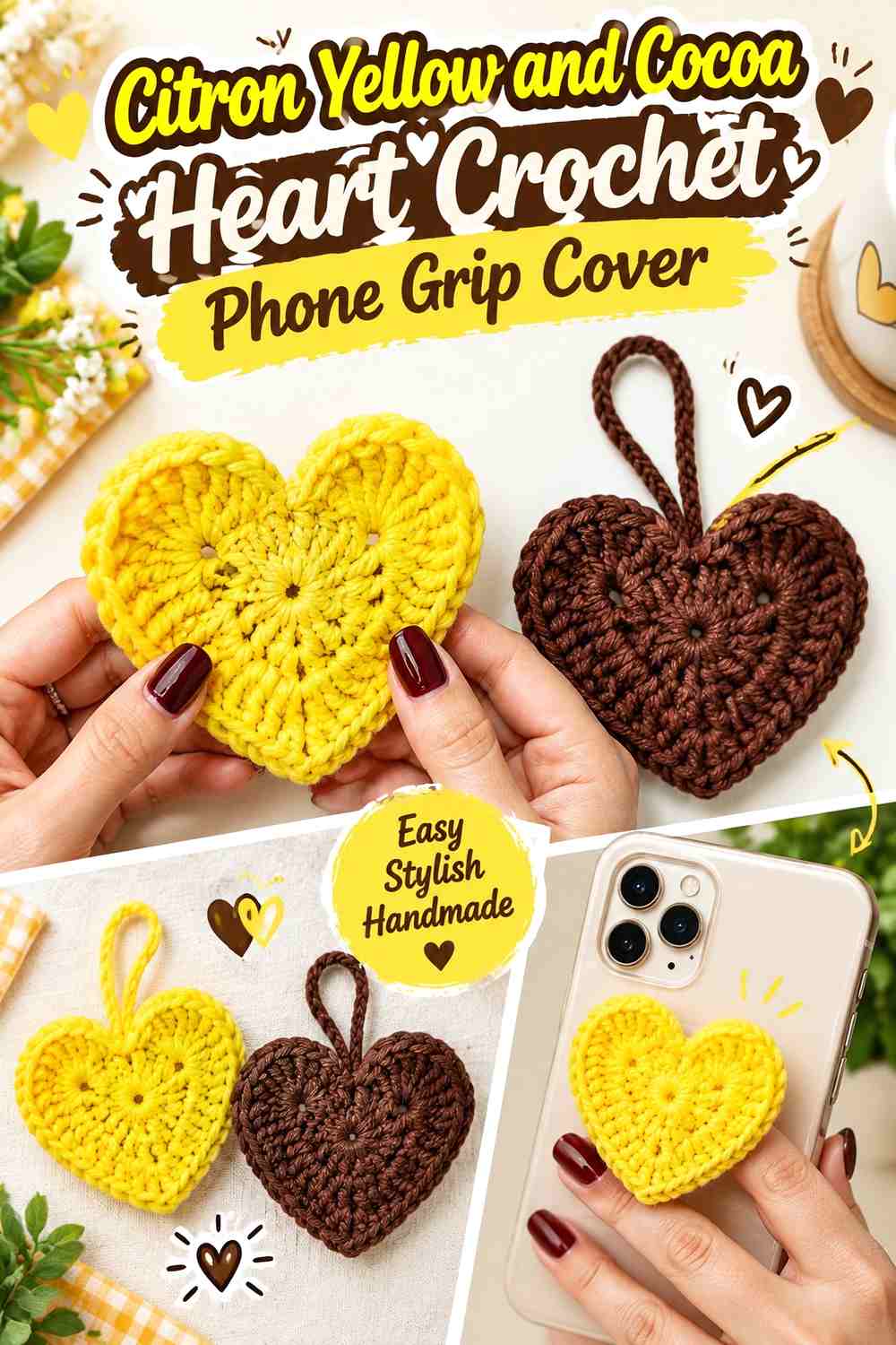 Citron Yellow and Cocoa Heart Crochet Phone Grip Cover
