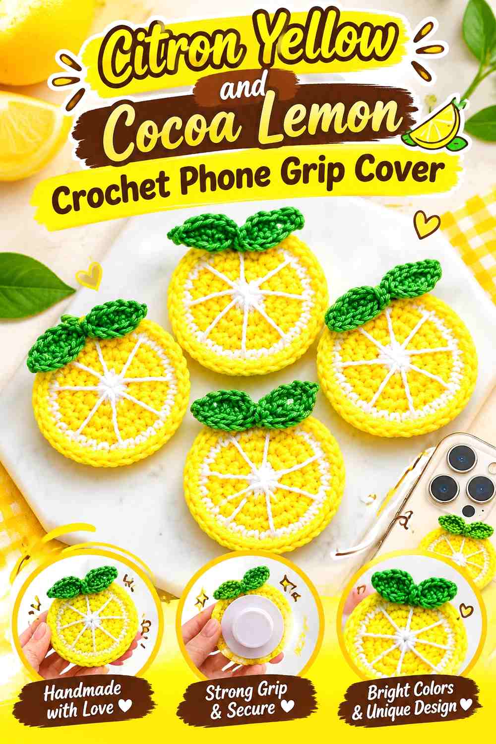 Citron Yellow and Cocoa Lemon Crochet Phone Grip Cover