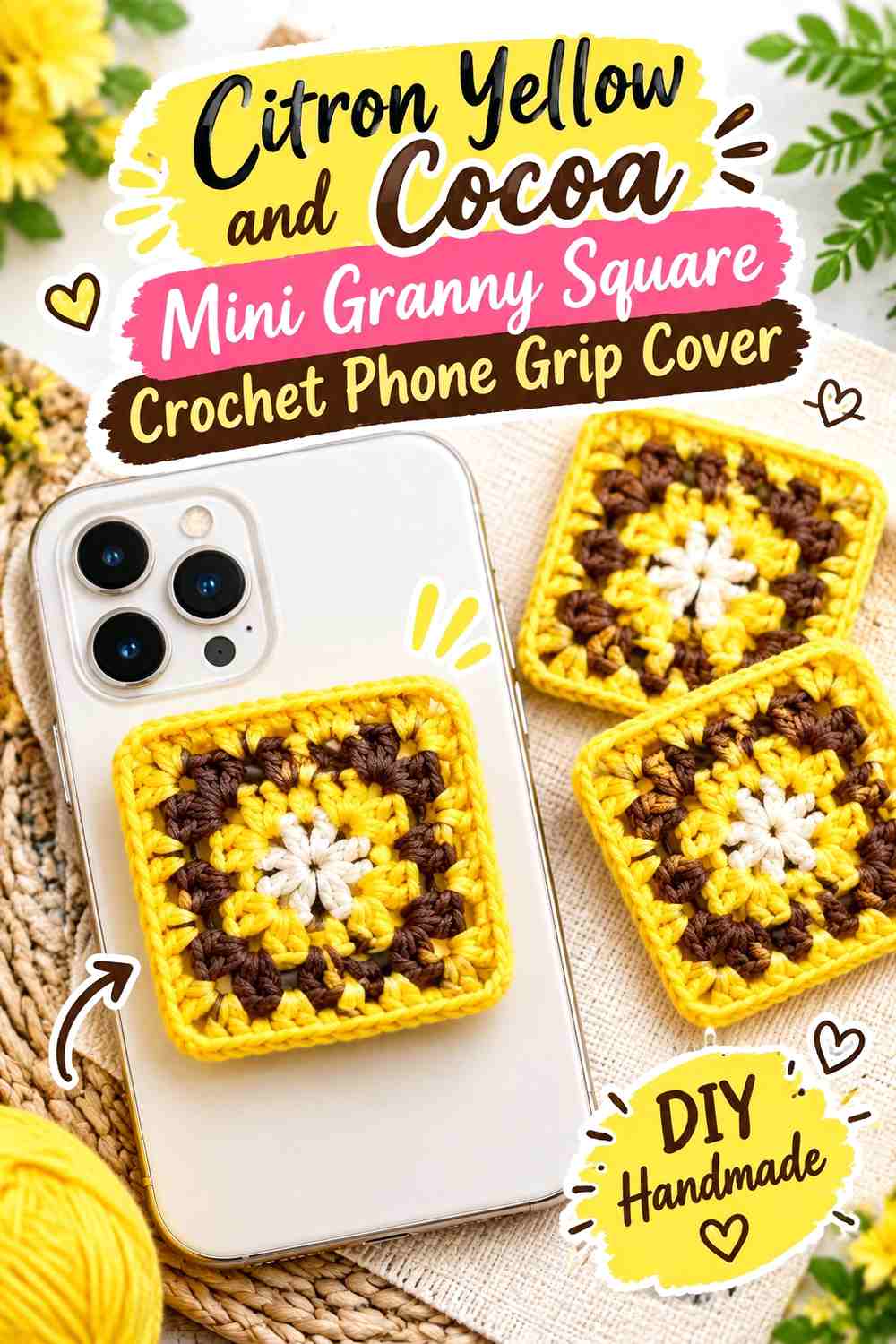Citron Yellow and Cocoa Mini Granny Square Crochet Phone Grip Cover