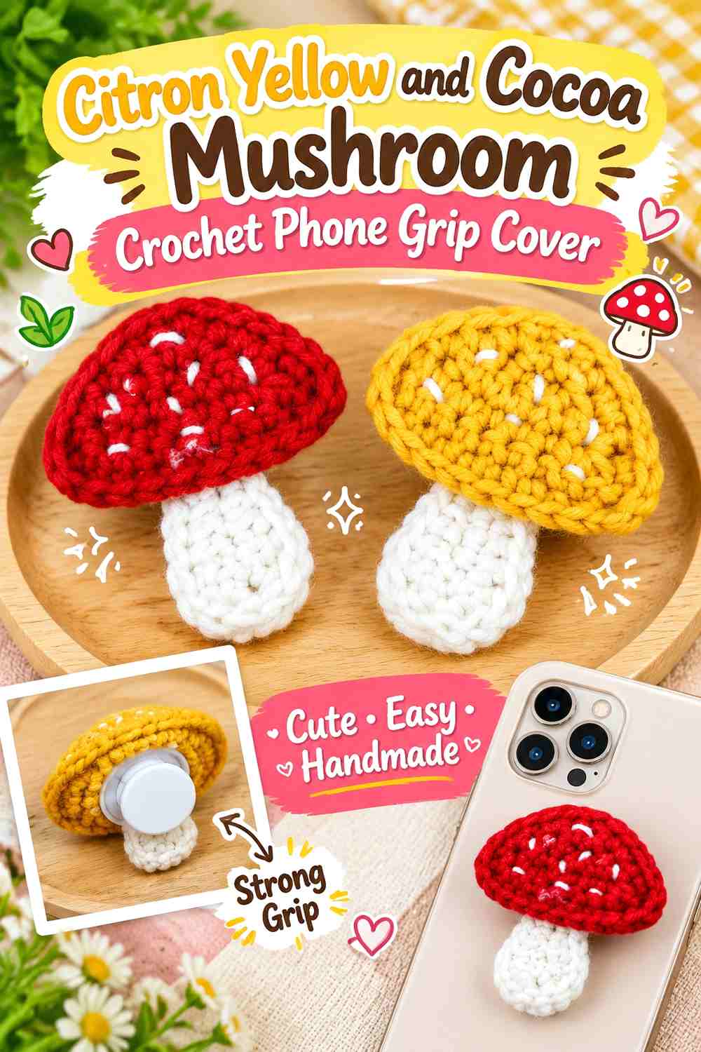 Citron Yellow and Cocoa Mushroom Crochet Phone Grip Cover