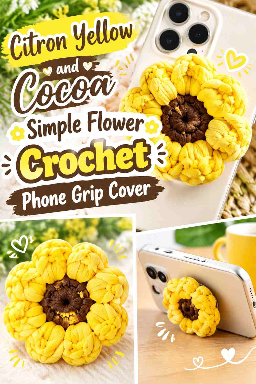 Citron Yellow and Cocoa Simple Flower Crochet Phone Grip Cover