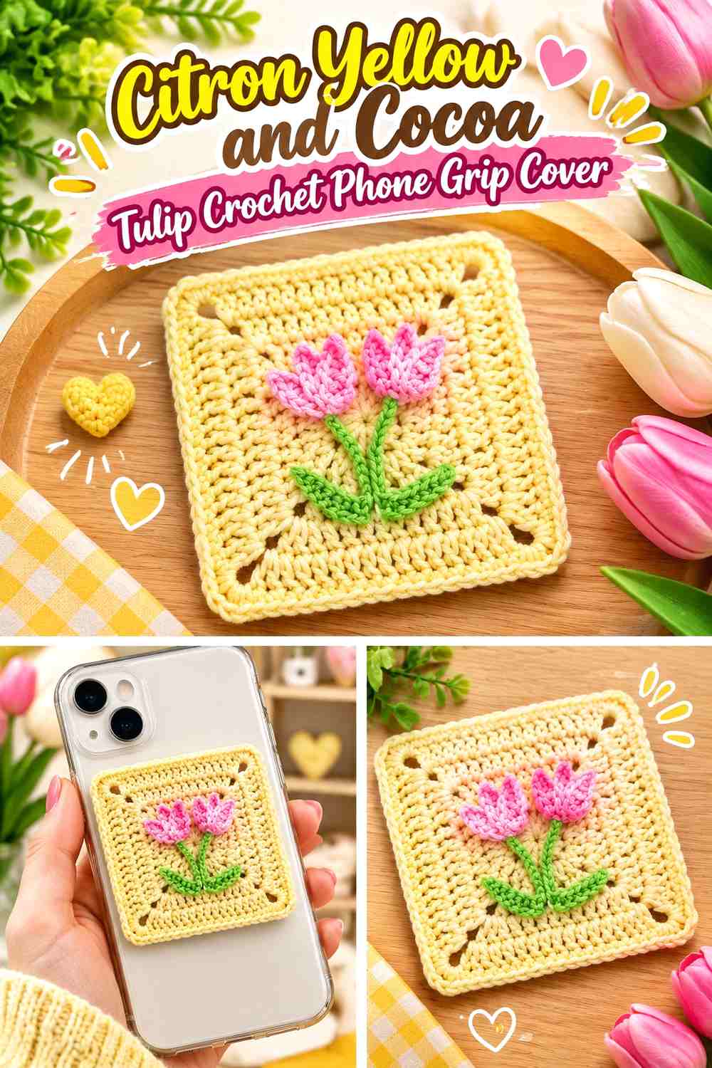 Citron Yellow and Cocoa Tulip Crochet Phone Grip Cover
