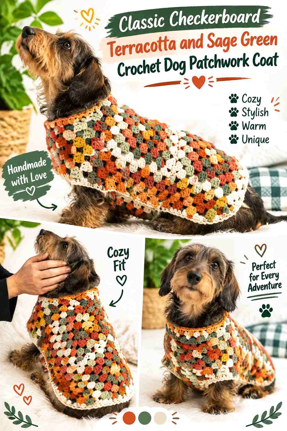 Classic Checkerboard Terracotta and Sage Green Crochet Dog Patchwork Coat