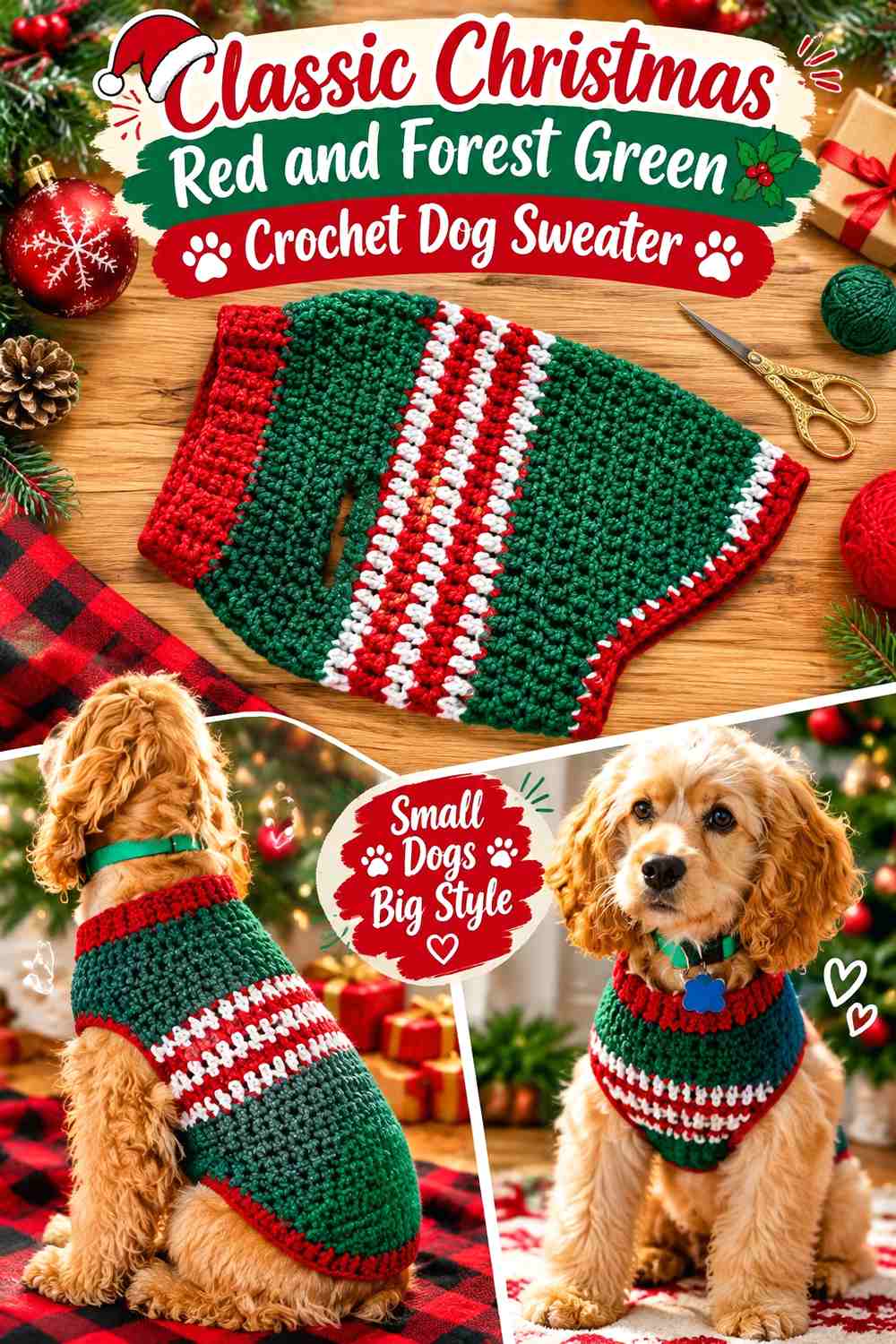 Classic Christmas Red and Forest Green Crochet Dog Sweater