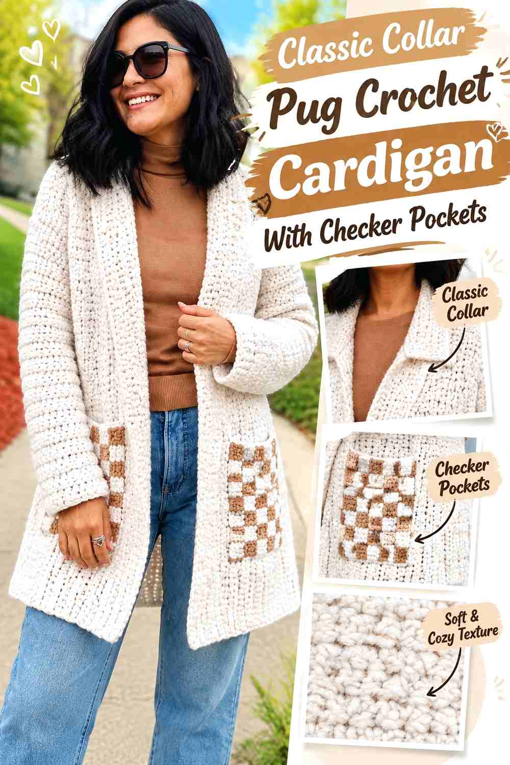Classic Collar Pug Crochet Cardigan With Checker Pockets
