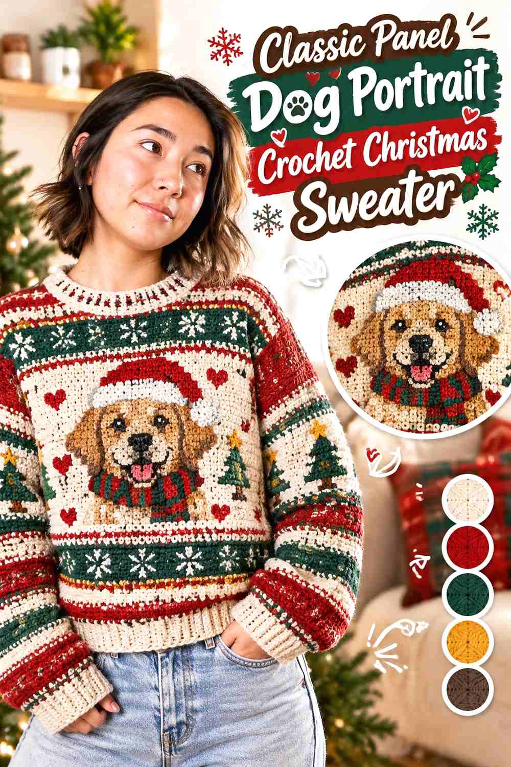 Classic Panel Dog Portrait Crochet Christmas Sweater